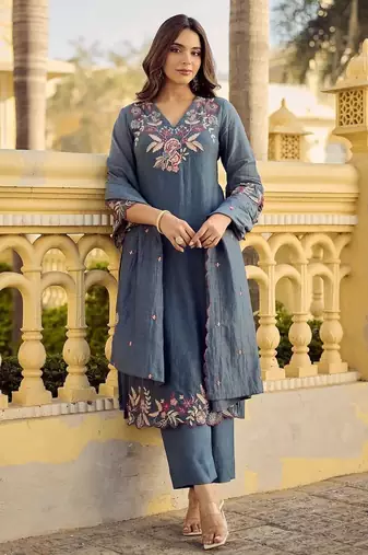 Grey embroidered silk blend kurta pant dupatta set