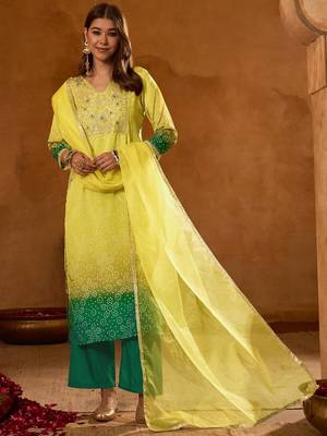 Yellow embroidered chinon silk kurta pant dupatta set 1