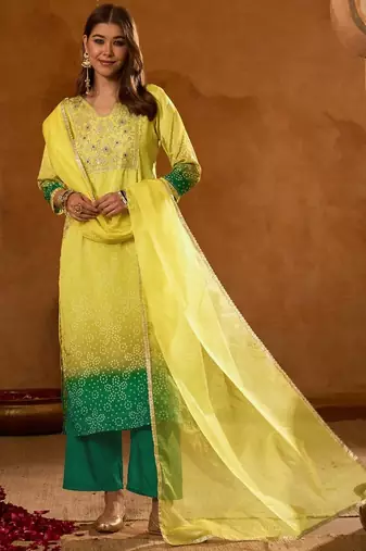 Yellow embroidered chinon silk kurta pant dupatta set