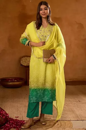 Yellow embroidered chinon silk kurta pant dupatta set