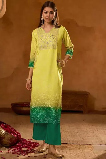 Yellow embroidered chinon silk kurta pant dupatta set