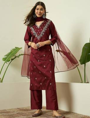 Maroon embroidered silk blend kurta pant dupatta set 1
