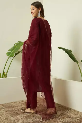 Maroon embroidered silk blend kurta pant dupatta set