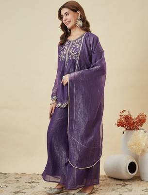 Purple embroidered crunchy silk kurta plazzo dupatta set 2