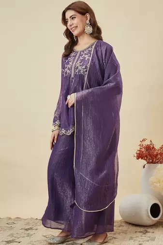 Purple embroidered crunchy silk kurta plazzo dupatta set