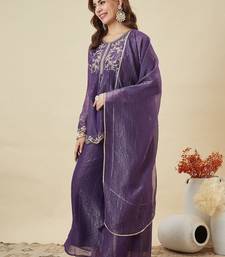 Purple embroidered crunchy silk kurta plazzo dupatta set