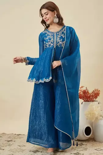 blue embroidered crunchy silk kurta plazzo dupatta set