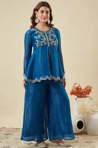 blue embroidered crunchy silk kurta plazzo dupatta set