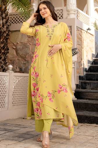 yellow embroidered chanderi silk kurta pant dupatta set