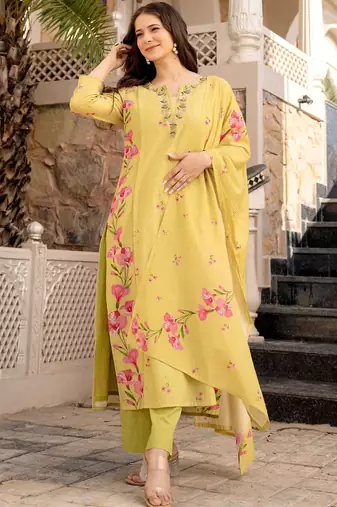 yellow embroidered chanderi silk kurta pant dupatta set