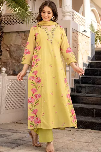 yellow embroidered chanderi silk kurta pant dupatta set