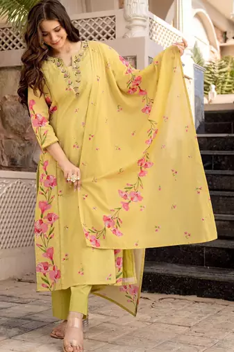 yellow embroidered chanderi silk kurta pant dupatta set
