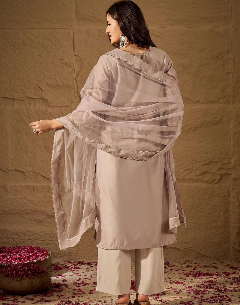 peach embroidered silk blend kurta pant dupatta set