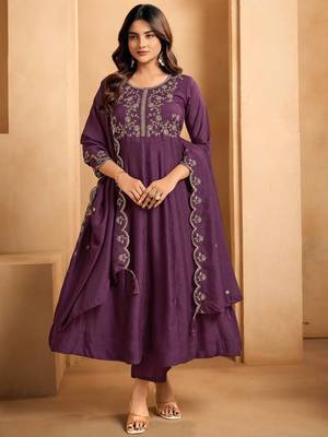 Wine embroidered silk blend kurta pant dupatta set 2