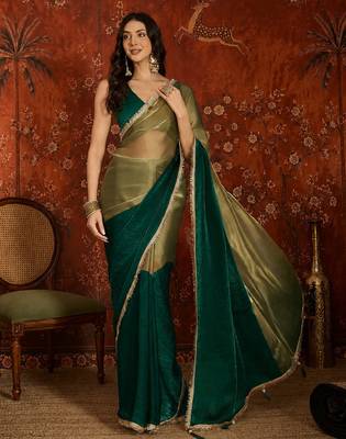 Green tissue satin embellished saree with unstitched blouse piece. 2