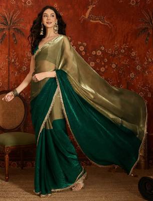 Green tissue satin embellished saree with unstitched blouse piece. 3