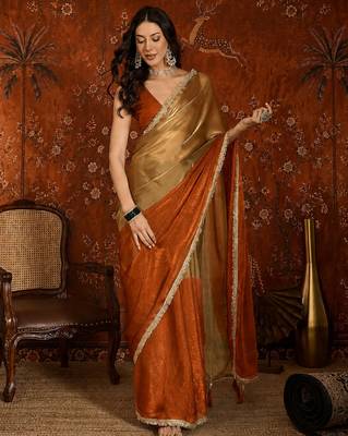 Orange tissue satin embellished saree with unstitched blouse piece. 2