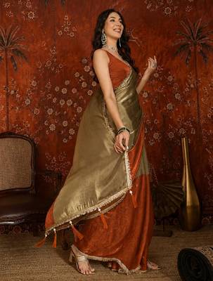 Orange tissue satin embellished saree with unstitched blouse piece. 3