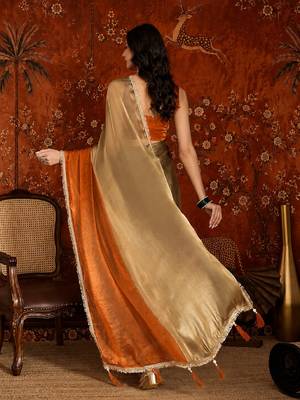 Orange tissue satin embellished saree with unstitched blouse piece. 4