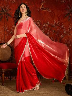 Red tissue satin embellished saree with unstitched blouse piece. 3