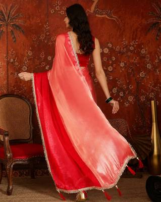 Red tissue satin embellished saree with unstitched blouse piece. 4