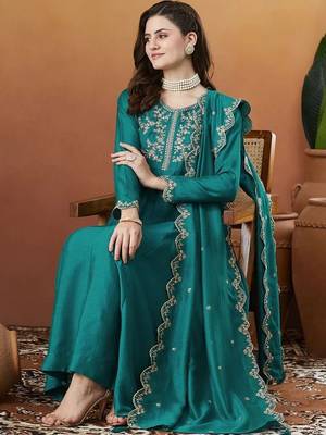 Blue embroidered silk blend kurta pant dupatta set 1