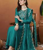 Blue embroidered silk blend kurta pant dupatta set