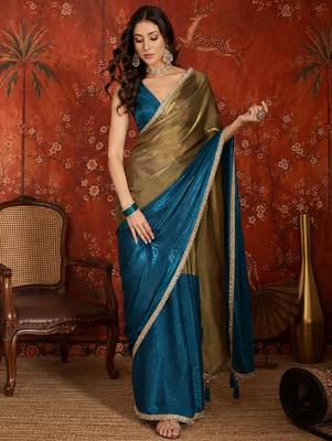 Teal tissue satin embellished saree with unstitched blouse piece. 2