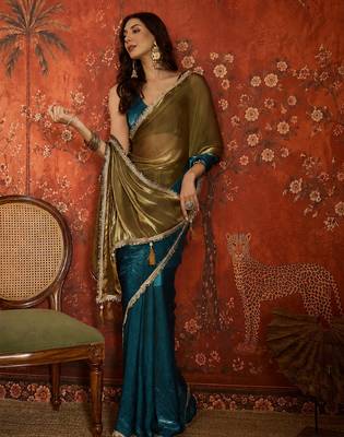 Teal tissue satin embellished saree with unstitched blouse piece. 3