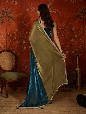 Teal tissue satin embellished saree with unstitched blouse piece. 4