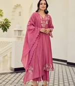 Pink embroidered silk blend kurta pant dupatta set