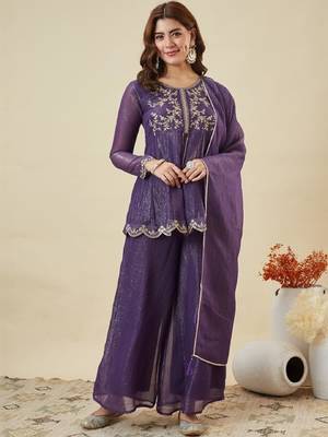 Purple embroidered crunchy silk kurta plazzo dupatta set 1