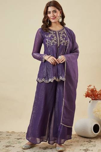 Purple embroidered crunchy silk kurta plazzo dupatta set