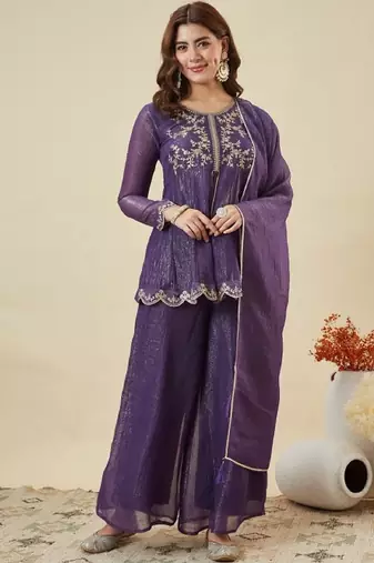 Purple embroidered crunchy silk kurta plazzo dupatta set