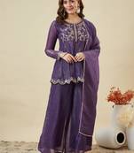 Purple embroidered crunchy silk kurta plazzo dupatta set