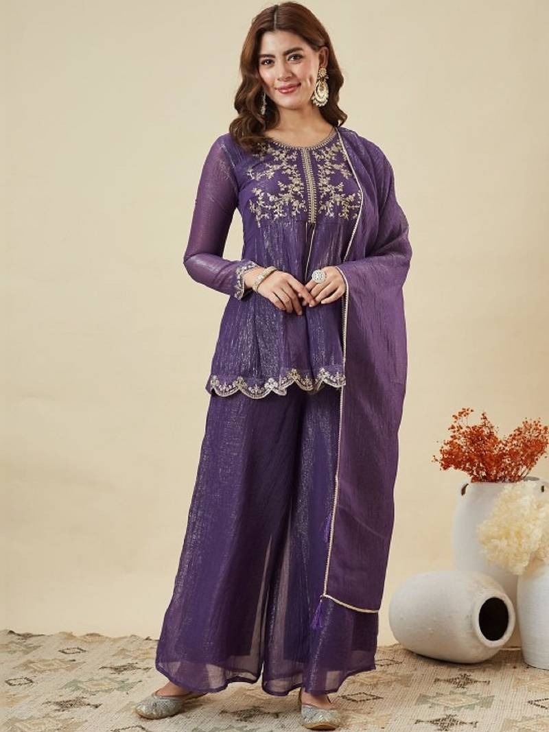 Purple embroidered crunchy silk kurta plazzo dupatta set