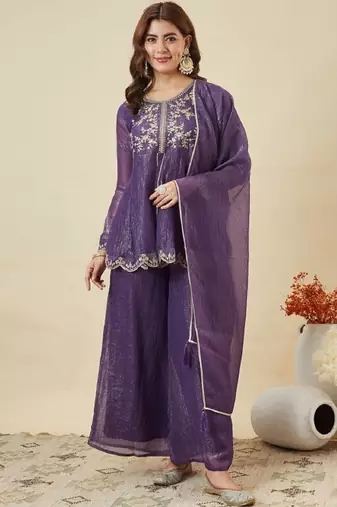 Purple embroidered crunchy silk kurta plazzo dupatta set