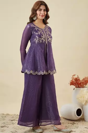 Purple embroidered crunchy silk kurta plazzo dupatta set