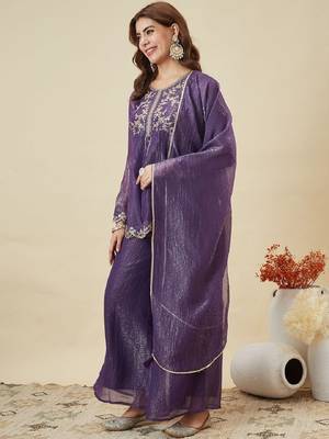Purple embroidered crunchy silk kurta plazzo dupatta set 5