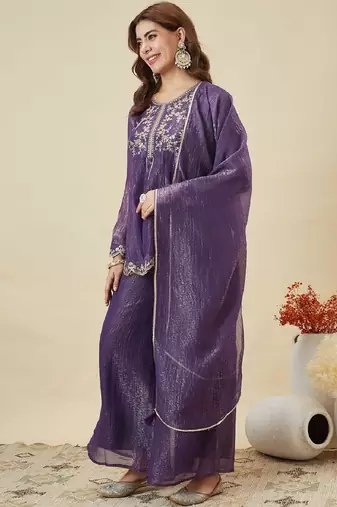 Purple embroidered crunchy silk kurta plazzo dupatta set