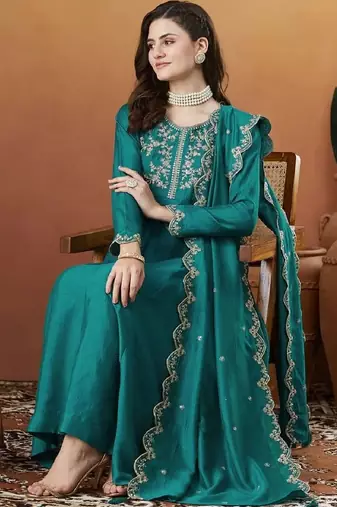 Blue embroidered silk blend kurta pant dupatta set