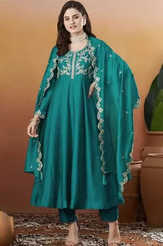 Blue embroidered silk blend kurta pant dupatta set