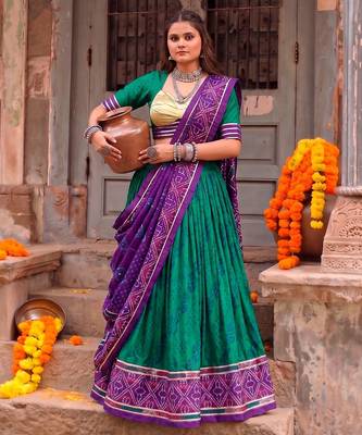 Women Bandhej Print Tasar Silk Lehenga Choli Set with Gamthi Embroidery Blouse -  Free Size 1