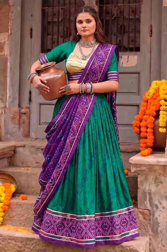 Women Bandhej Print Tasar Silk Lehenga Choli Set with Gamthi Embroidery Blouse -  Free Size