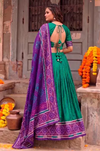 Women Bandhej Print Tasar Silk Lehenga Choli Set with Gamthi Embroidery Blouse -  Free Size