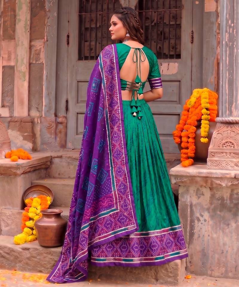 Women Bandhej Print Tasar Silk Lehenga Choli Set with Gamthi Embroidery Blouse -  Free Size