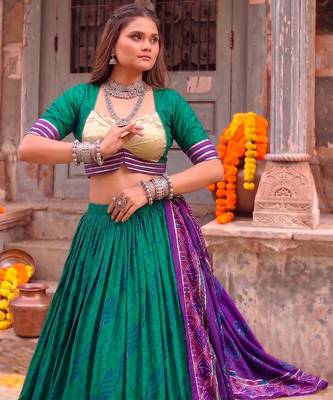 Women Bandhej Print Tasar Silk Lehenga Choli Set with Gamthi Embroidery Blouse -  Free Size 3