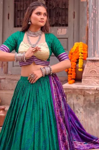 Women Bandhej Print Tasar Silk Lehenga Choli Set with Gamthi Embroidery Blouse -  Free Size