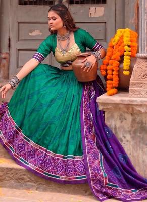 Women Bandhej Print Tasar Silk Lehenga Choli Set with Gamthi Embroidery Blouse -  Free Size 4