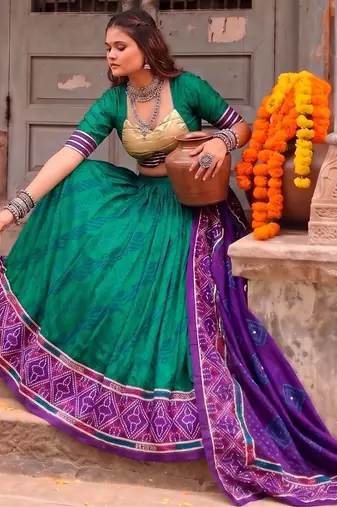 Women Bandhej Print Tasar Silk Lehenga Choli Set with Gamthi Embroidery Blouse -  Free Size